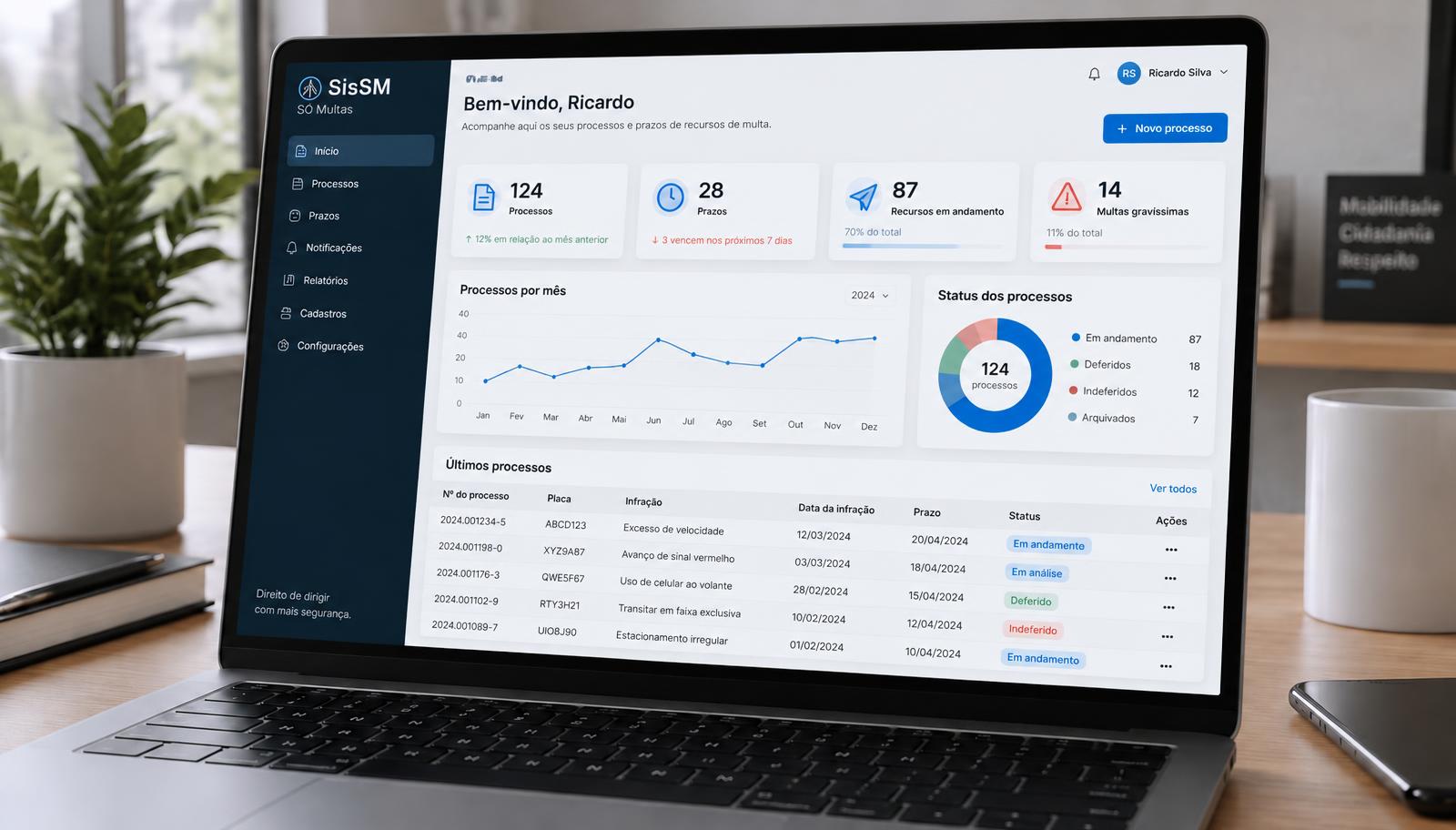 Tela do sistema SisSM com processos, prazos e status dos recursos